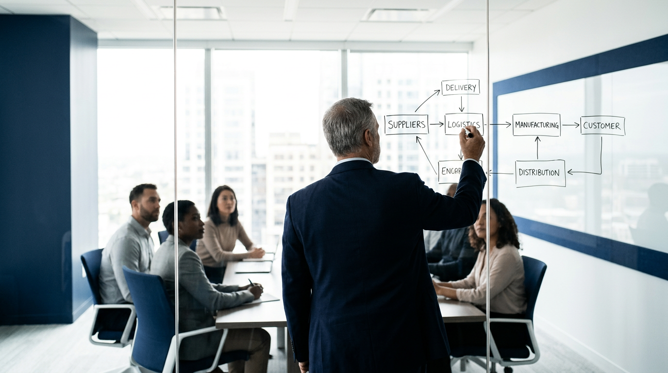 Executive leading a supply-chain whiteboard session with the leadership team — strategy translated into an operating model.
