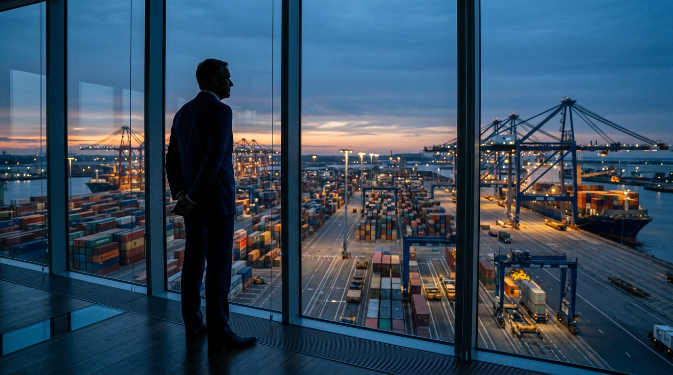 Executive reviewing a live port and logistics operation from a control vantage point — diagnostic visibility before intervention.