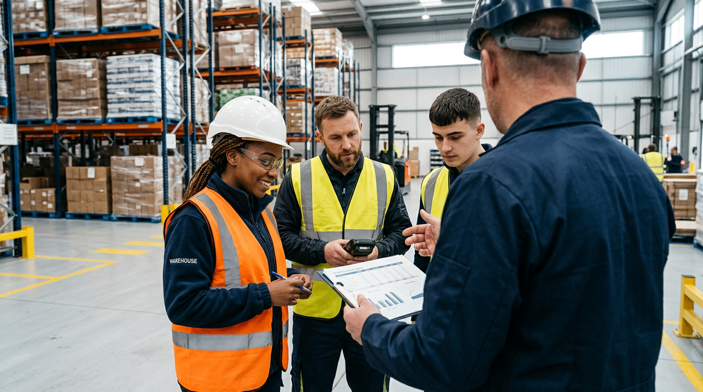 Leadership reviewing performance directly with frontline operators on the warehouse floor — working inside operations, not outside them.