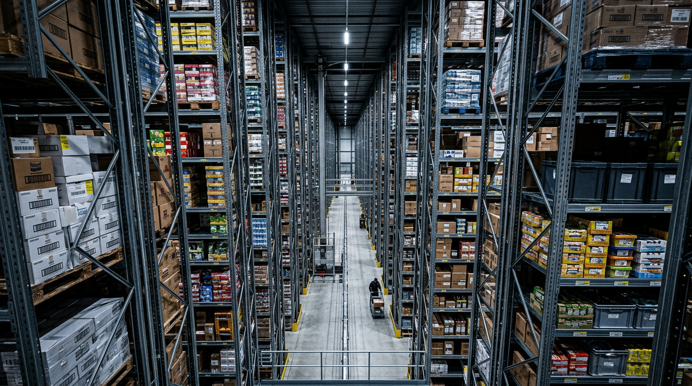 High-bay warehouse aisle in disciplined order — operational performance held through structured execution.